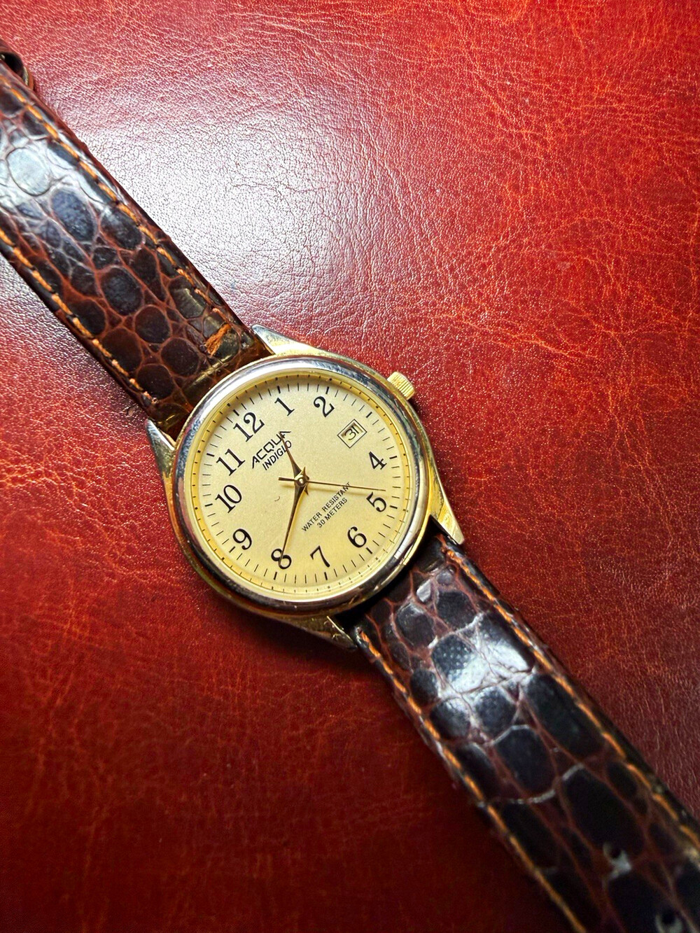 Accutime Indigo Gold Tone Quartz Watch Date 30M Brown Leather Band Needs Battery